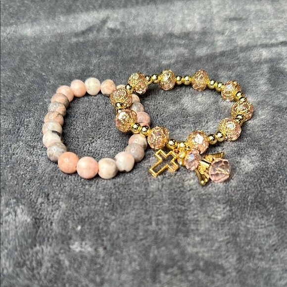 Set of 2 Bracelets Angel & Cross Charm Gold & Pink Beaded Dangling Charm Set - Picture 3 of 11